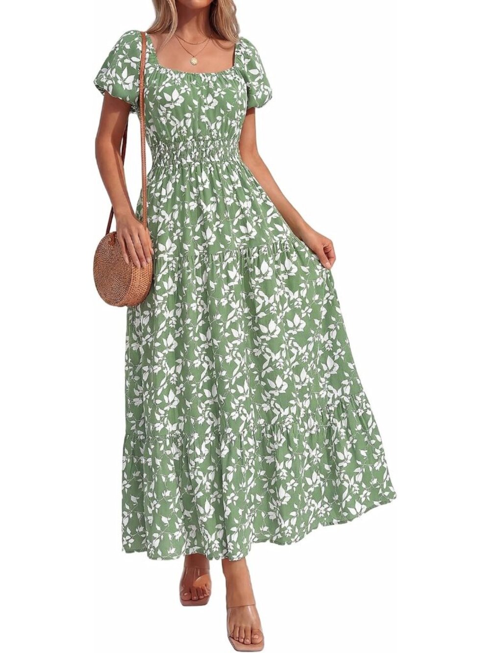 Women's Green White Summer 2026 Spring Floral Short Sleeve A-Line Maxi Dresses
